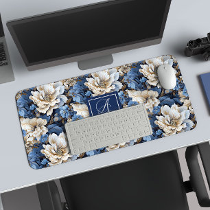 Modern Blue Flowers Personalised Floral Desk Mat