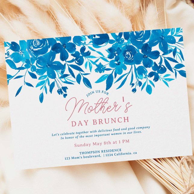 Modern blue flowers script mother's day brunch invitation (Creator Uploaded)