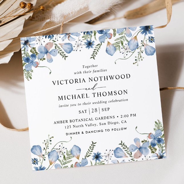 Modern Blue Flowers Square Wedding  Invitation (Creator Uploaded)