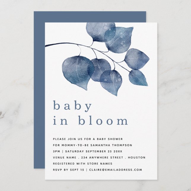 Modern Blue Foliage Baby In Bloom Shower  Invitation (Front/Back)