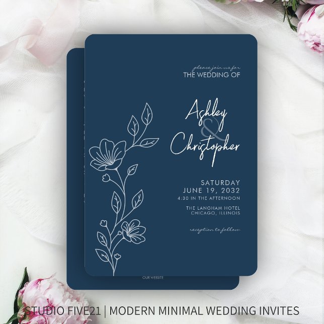 Modern Blue Foliage Outline All-in-One Wedding Invitation (Creator Uploaded)