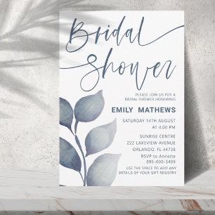 Modern Blue Foliage Watercolor Bridal Shower Invitation
