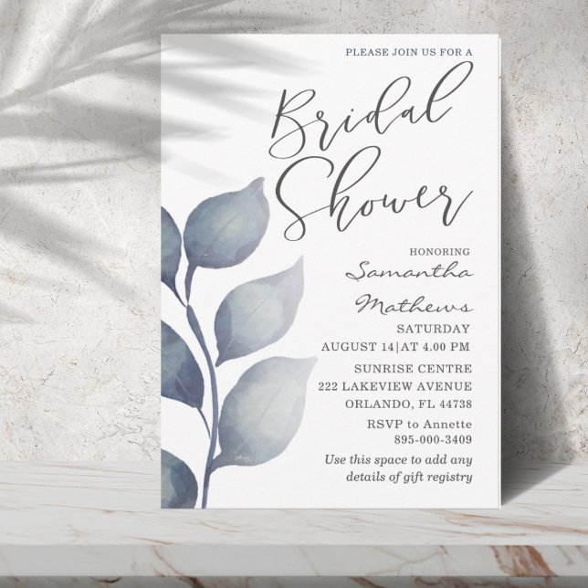 Modern Blue Foliage Watercolor Bridal Shower  Invitation (Creator Uploaded)