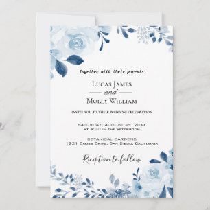Modern Blue French Floral Wedding Invitation