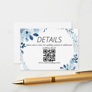 Modern Blue French Floral Wedding QR Code Enclosure Card