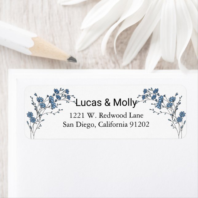 Modern Blue French Floral Wedding Return Address  Label (Insitu)