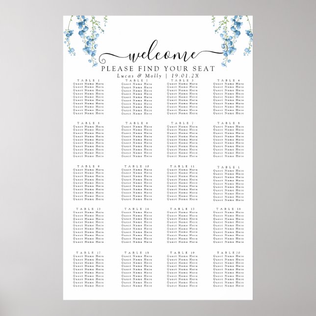 Modern Blue French Floral Wedding Seating Chart (Front)