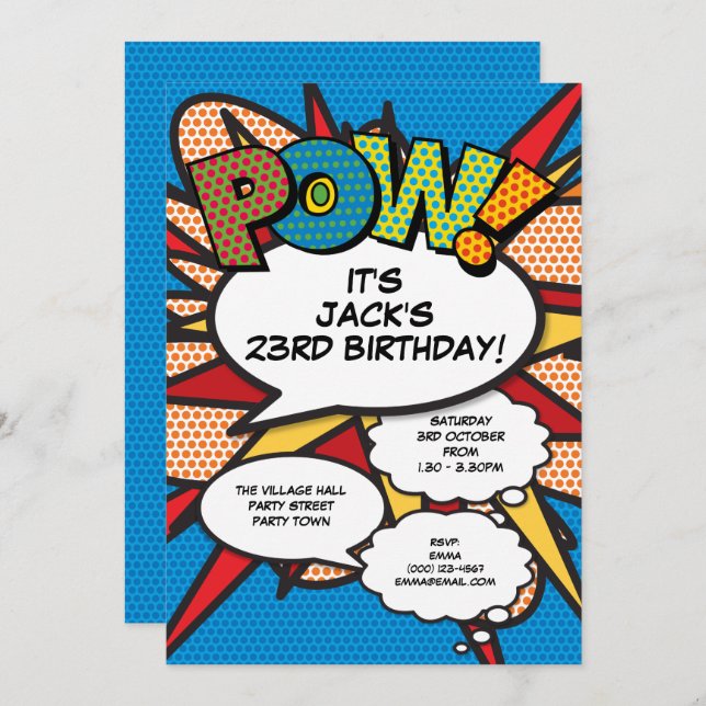 Modern Blue Fun Birthday Party Comic Book Any Age Invitation (Front/Back)