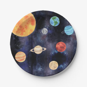 Modern Blue Galaxy Planets Space Paper Plate