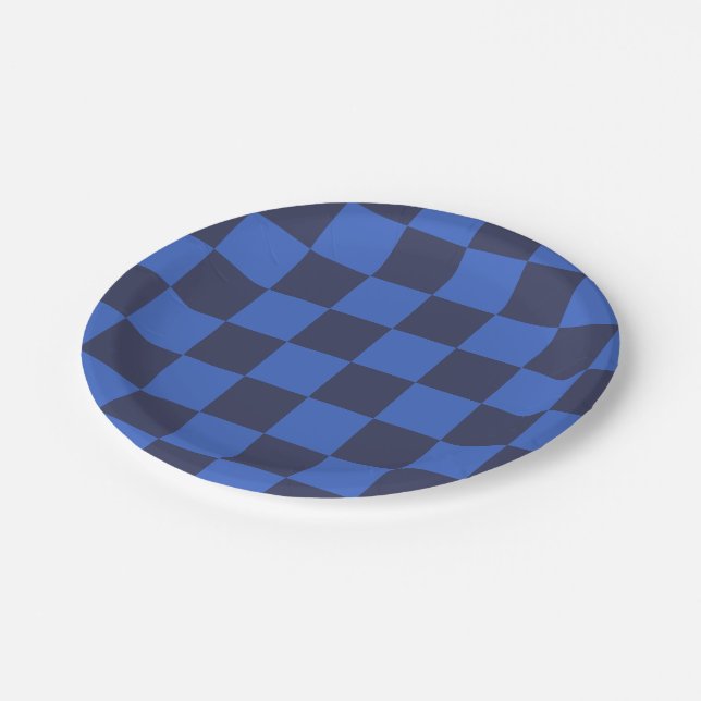 Modern Blue Geometric Checkers Paper Plate (Angled)
