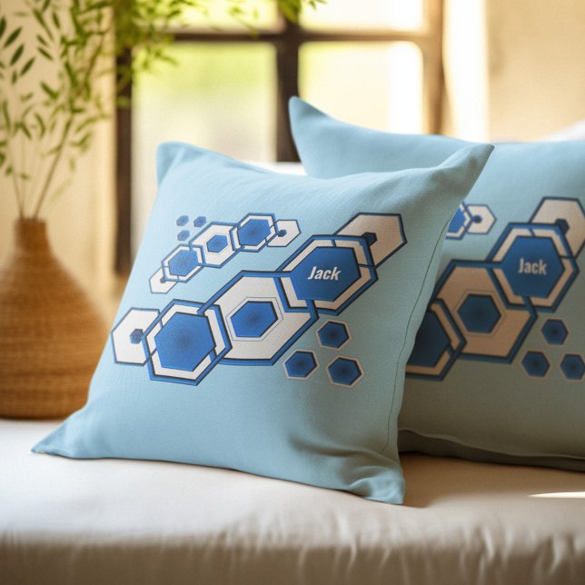 Modern Blue Geometric Hexagonal Abstract Cushion (Creator Uploaded)