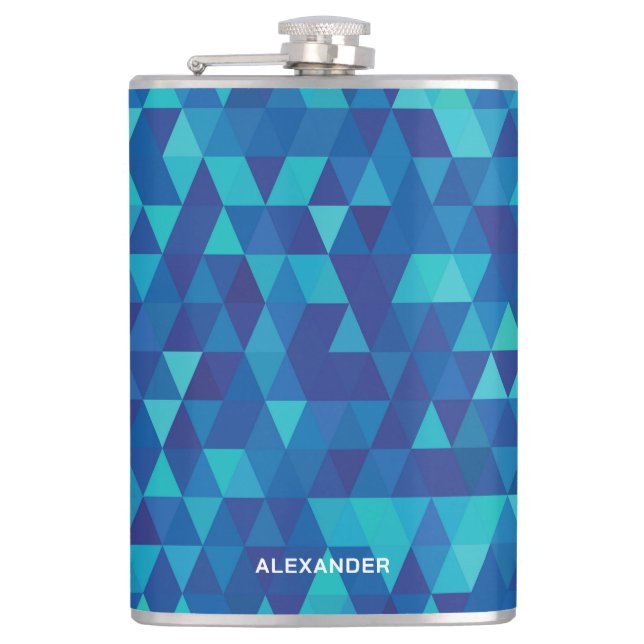 Modern Blue Geometric Pattern With Name Hip Flask (Front)