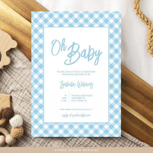 Modern Blue Gingham Baby Shower Invitation (Invite shown in 5 x 7 inches, choose size, paper and corner style. Buy print or digital invitations.)