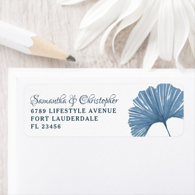 Modern Blue Ginkgo leaf Wedding Return Address Label (Insitu)