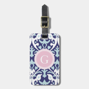 Modern blue girly ikat tribal pattern monogram luggage tag