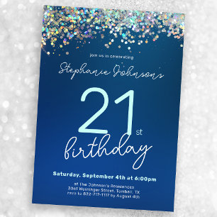 Modern Blue Glitter 21st Birthday Party Invitation