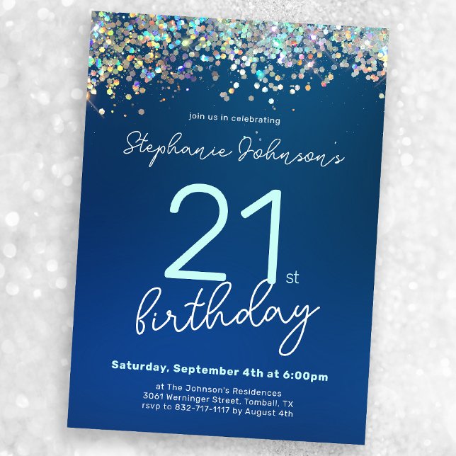 Modern Blue Glitter 21st Birthday Party Invitation (Mock-up view)
