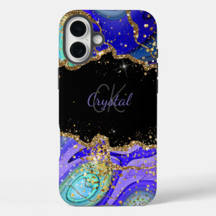 Modern Blue Glitter Agate Monogram Name iPhone 16 Plus Case