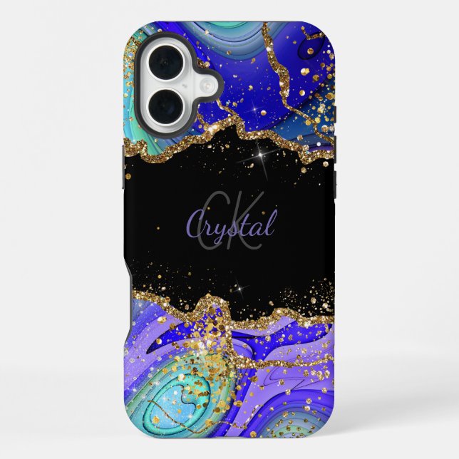 Modern Blue Glitter Agate Monogram Name iPhone Case (Back)