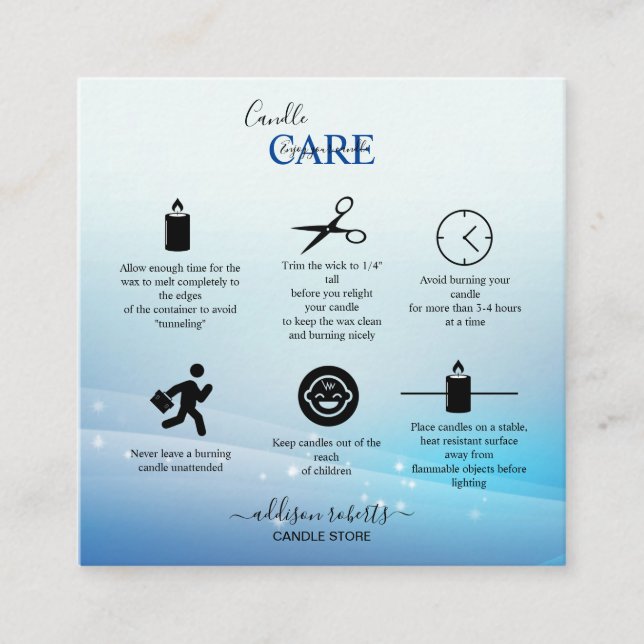 Modern Blue Glitter  Candle Care Square Business Card (Front)