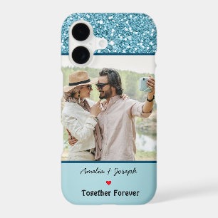 Modern Blue Glitter Custom Love Couple Photo