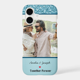 Modern Blue Glitter Custom Love Couple Photo