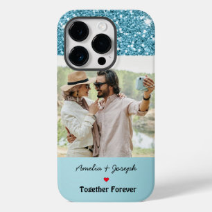Modern Blue Glitter Custom Love Couple Photo Case-Mate iPhone 14 Pro Case