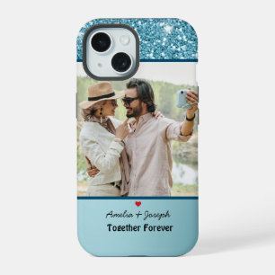 Modern Blue Glitter Custom Love Couple Photo iPhone 15 Case