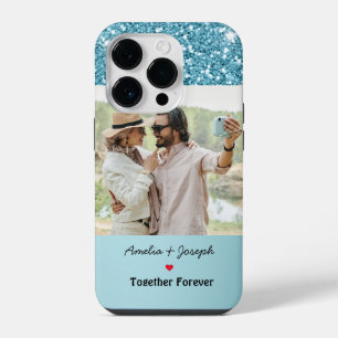Modern Blue Glitter Custom Love Couple Photo iPhone 14 Pro Case