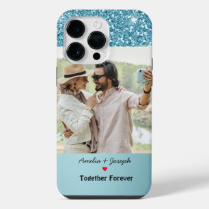 Modern Blue Glitter Custom Love Couple Photo iPhone 14 Pro Max Case