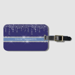 Modern Blue Glitter Drip Sparkling Diamond Luggage Tag