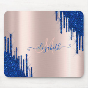 Modern Blue Glitter Drips Rose Gold Monogram Mouse Pad
