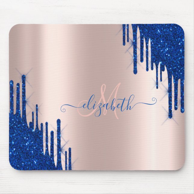 Modern Blue Glitter Drips Rose Gold Monogram  Mouse Pad (Front)