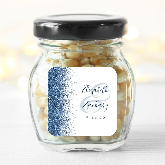 Modern Blue Glitter Edge White Wedding Square Sticker (Creator Uploaded)