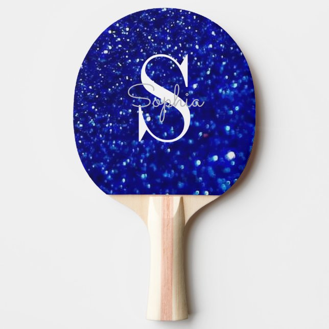 Modern Blue Glitter Monogram Personalised Name Ping Pong Paddle (Front)
