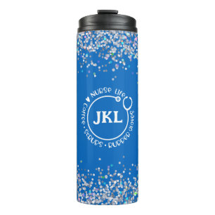 Modern Blue Glitter Monogram Stethoscope Nurse  Thermal Tumbler