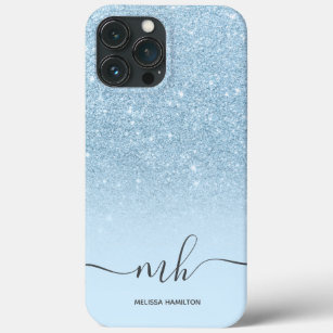 Modern blue glitter ombre chic pastel monogrammed iPhone 13 pro max case