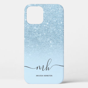 Modern blue glitter ombre chic pastel monogrammed iPhone 12 pro case