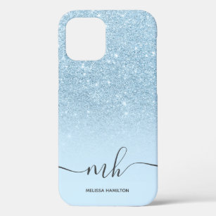 Modern blue glitter ombre chic pastel monogrammed iPhone 12 case