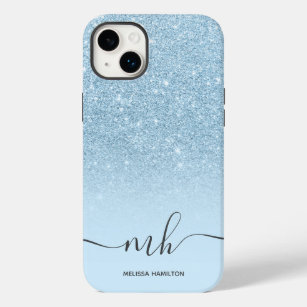Modern blue glitter ombre chic pastel monogrammed Case-Mate iPhone 14 plus case