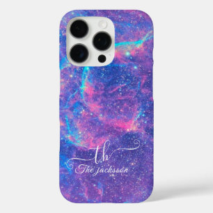 Modern blue glitter ombre purple chic monogrammed  iPhone 16 pro case