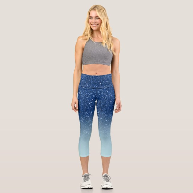 Modern Blue glitter ombre sparkles sky blue Capri Leggings (Front)