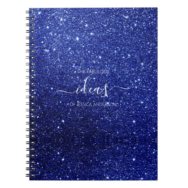 Modern blue glitter script name  notebook (Front)