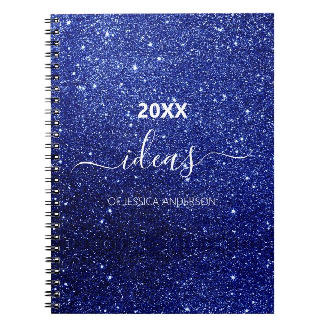 Modern blue glitter script name  notebook (Front)