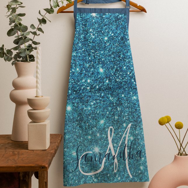 Modern Blue Glitter Sparkles Personalised Name Apron (Creator Uploaded)