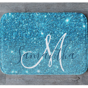 Modern Blue Glitter Sparkles Personalised Name Bath Mat