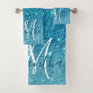 Modern Blue Glitter Sparkles Personalised Name Bath Towel Set
