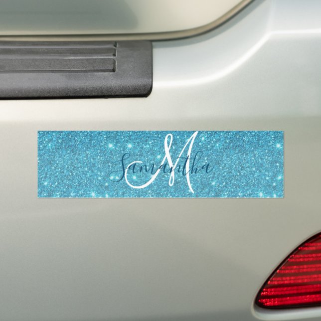 Modern Blue Glitter Sparkles Personalised Name Bumper Sticker (On Car)