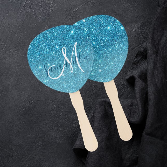 Modern Blue Glitter Sparkles Personalised Name Hand Fan (Creator Uploaded)