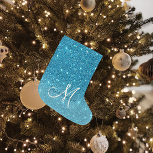 Modern Blue Glitter Sparkles Personalised Name Large Christmas Stocking